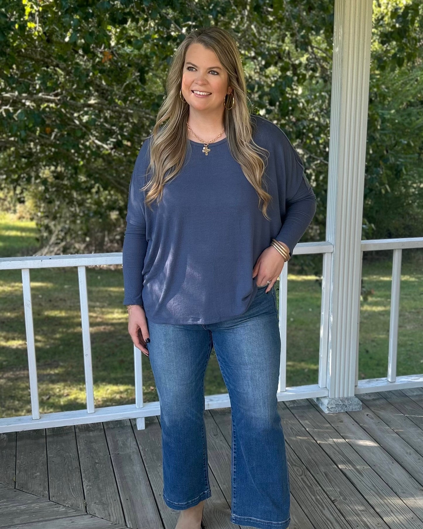 Relaxed Fit Dolman Long Sleeve Top - Dusty Navy