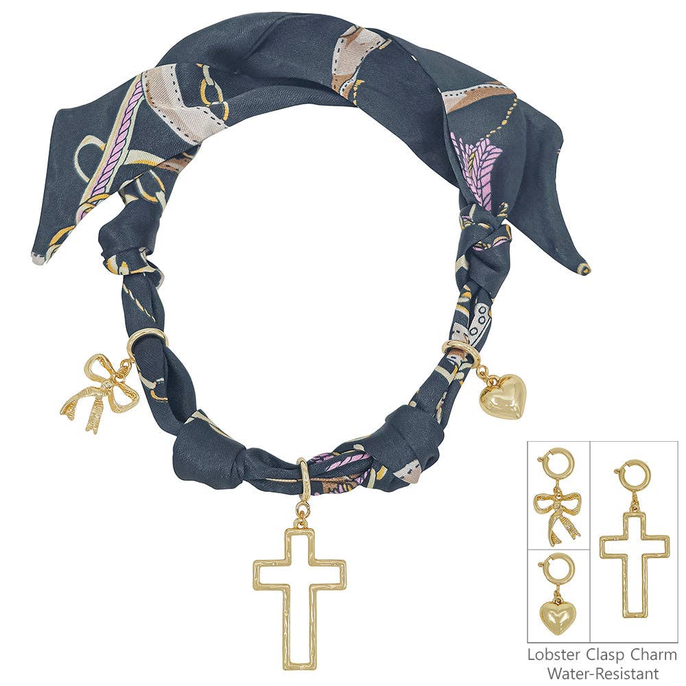Black Knotted Scarf Necklace with Heart, Cross, and Pearl Charm