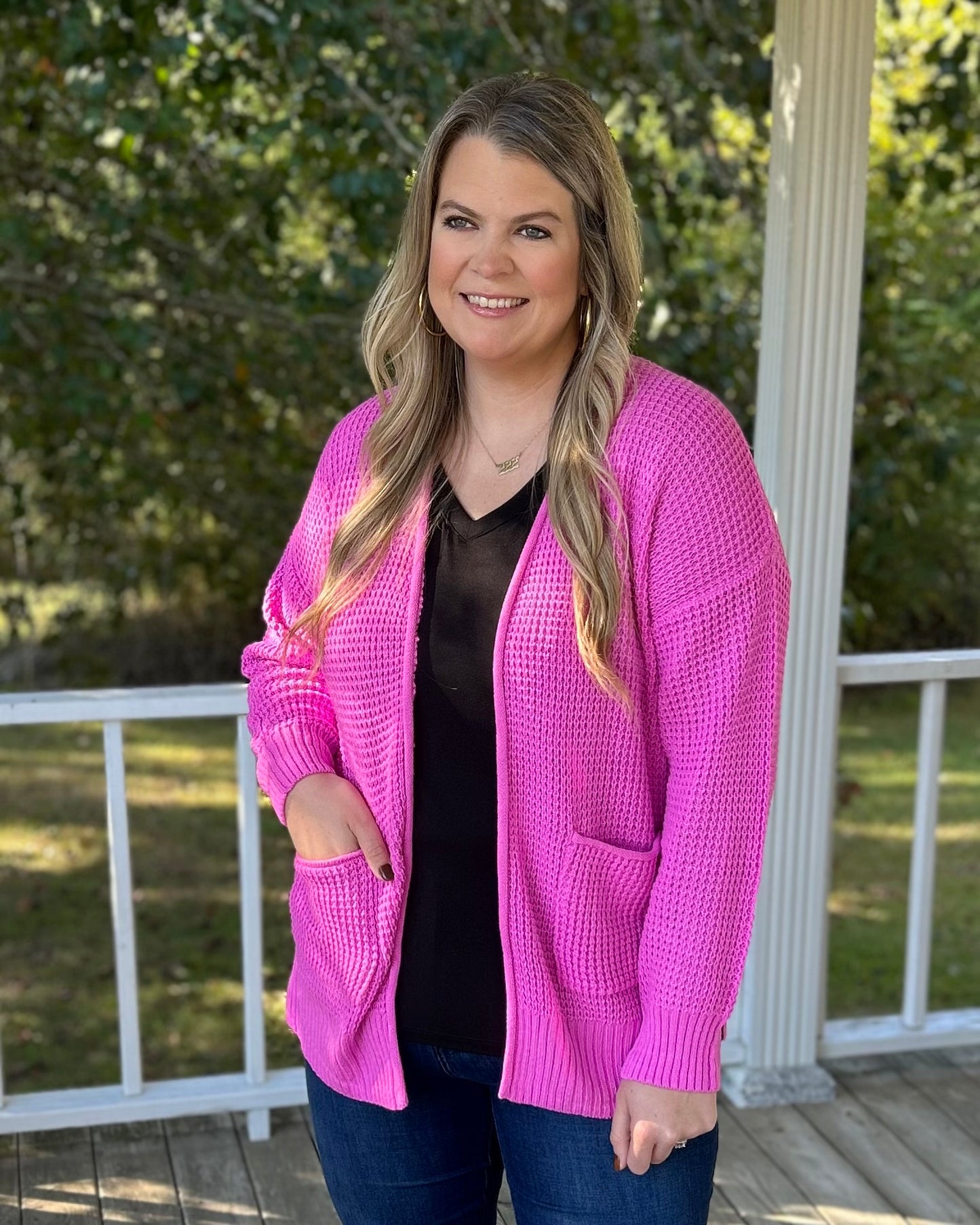 Waffle Knit Cardigan - Bright Mauve