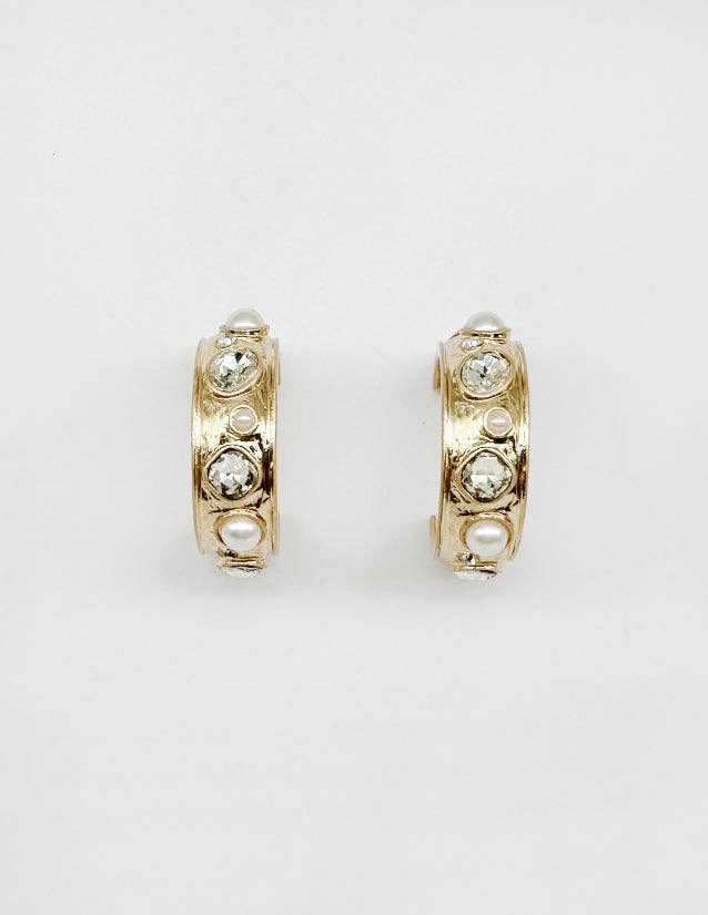 Gold Hammered Hoop with Clear Crystal and Pearl Earrings