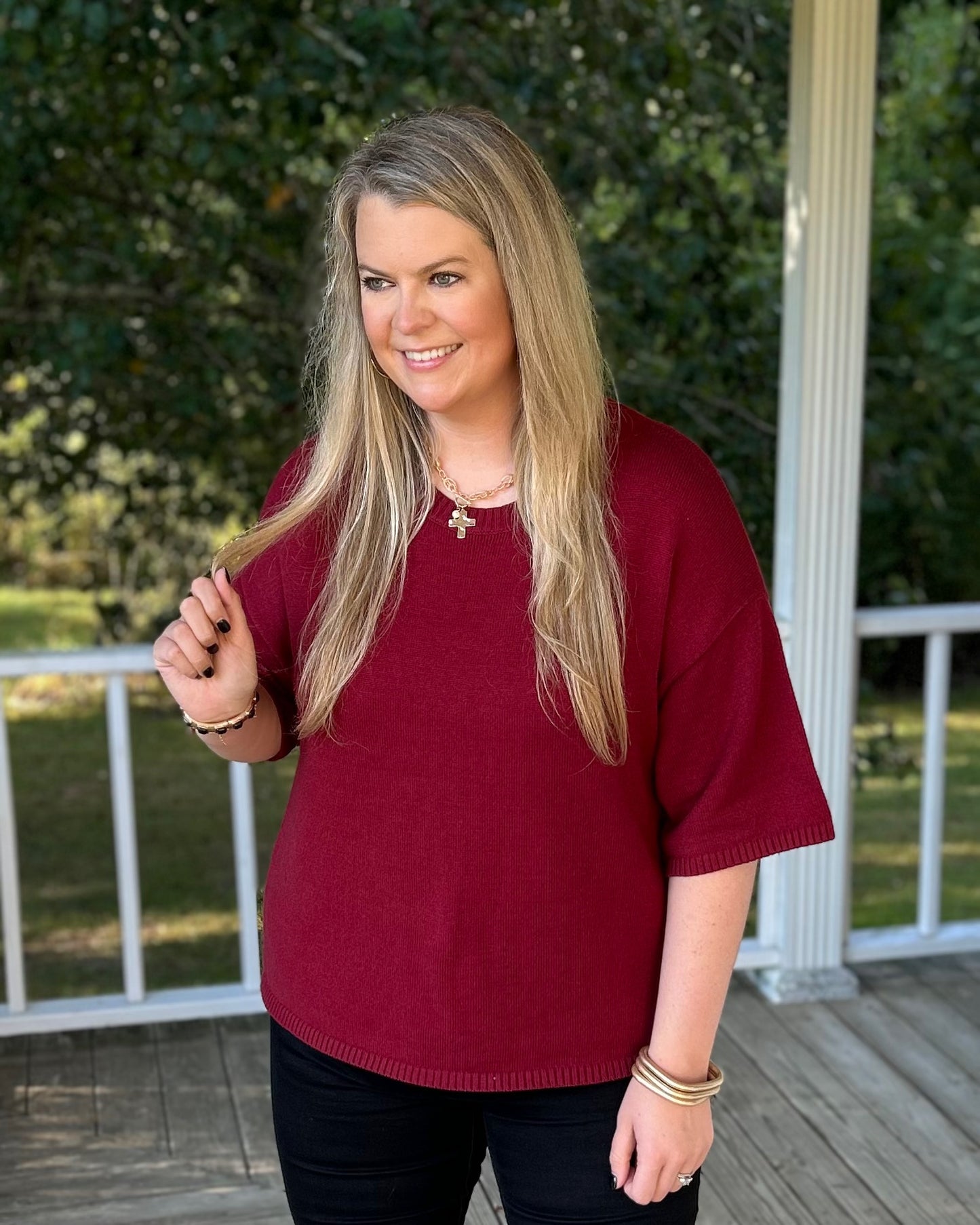 Short Sleeve Relaxed Sweater -  Burgundy