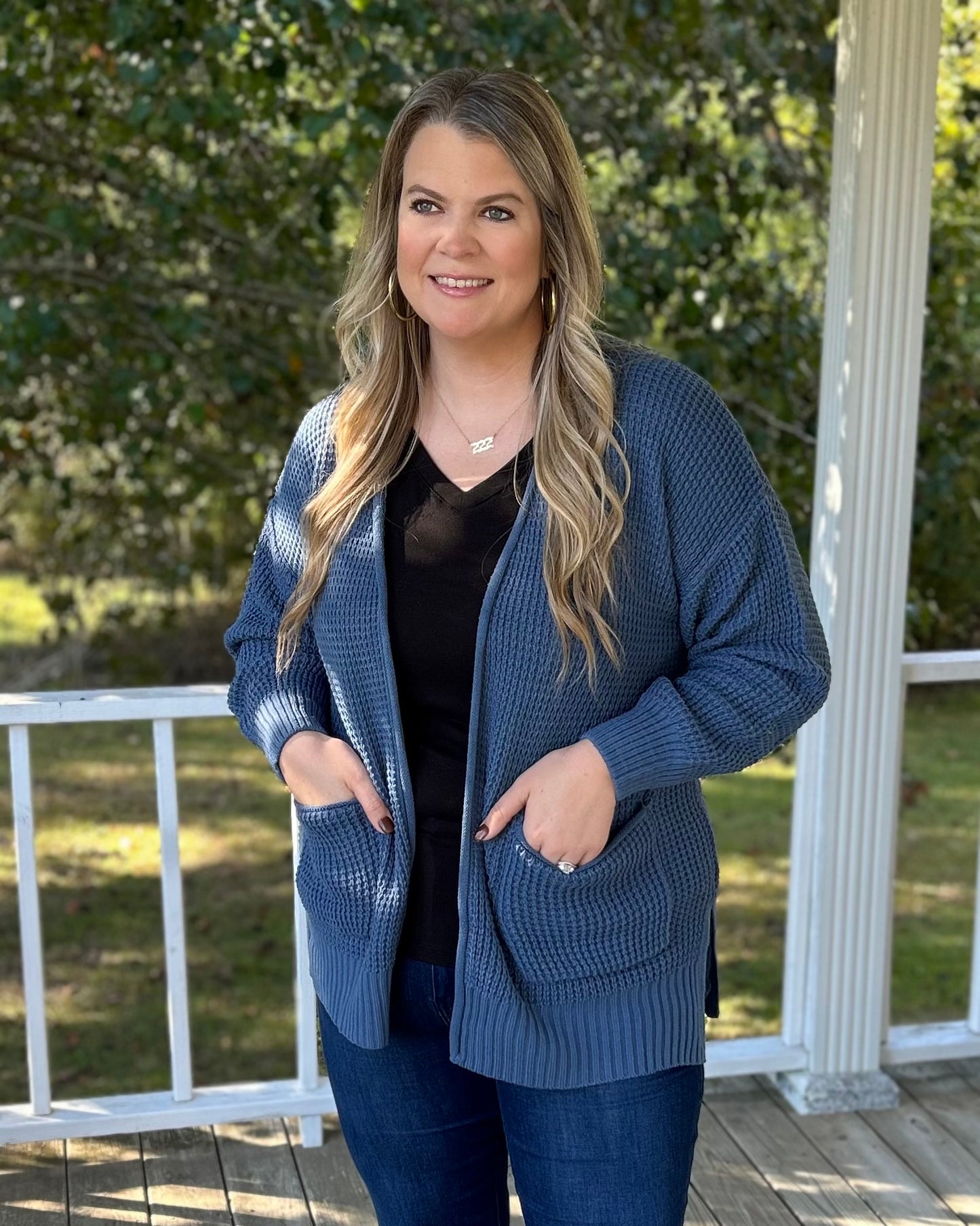 Waffle Knit Cardigan - Dusty Blue