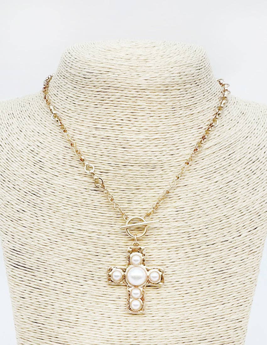 Gold Open Chain with Pearl Studded Cross Necklace