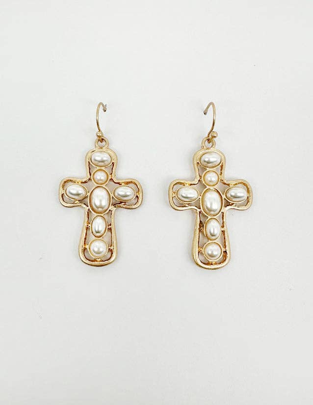 Gold Cross Pearl Studded Earrings