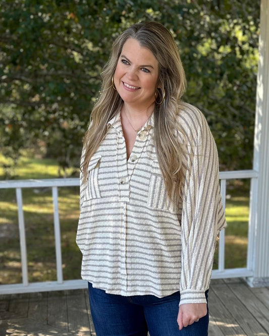 Collared Oversized Button Up Stripe Pullover Top