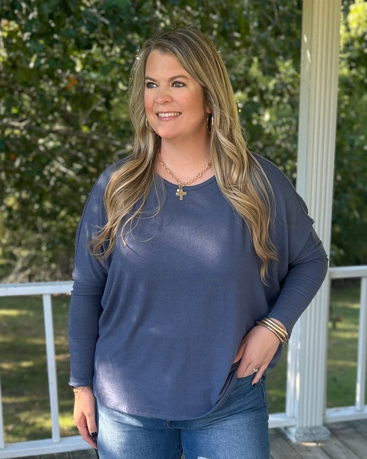 Relaxed Fit Dolman Long Sleeve Top - Dusty Navy