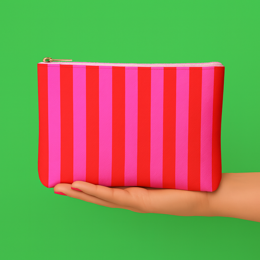 Cute pouch + cosmetic bag | leather pink & red stripe