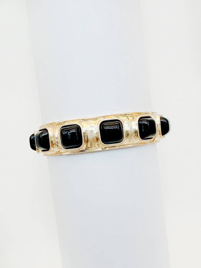 Hammered Gold Stretch Bracelet with Black Pearl Squares