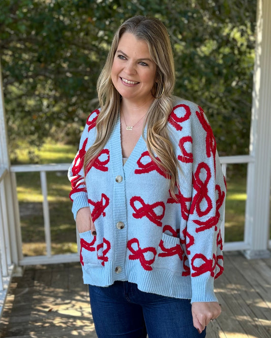 Oversized Ribbon Sweater Cardigan - Blue