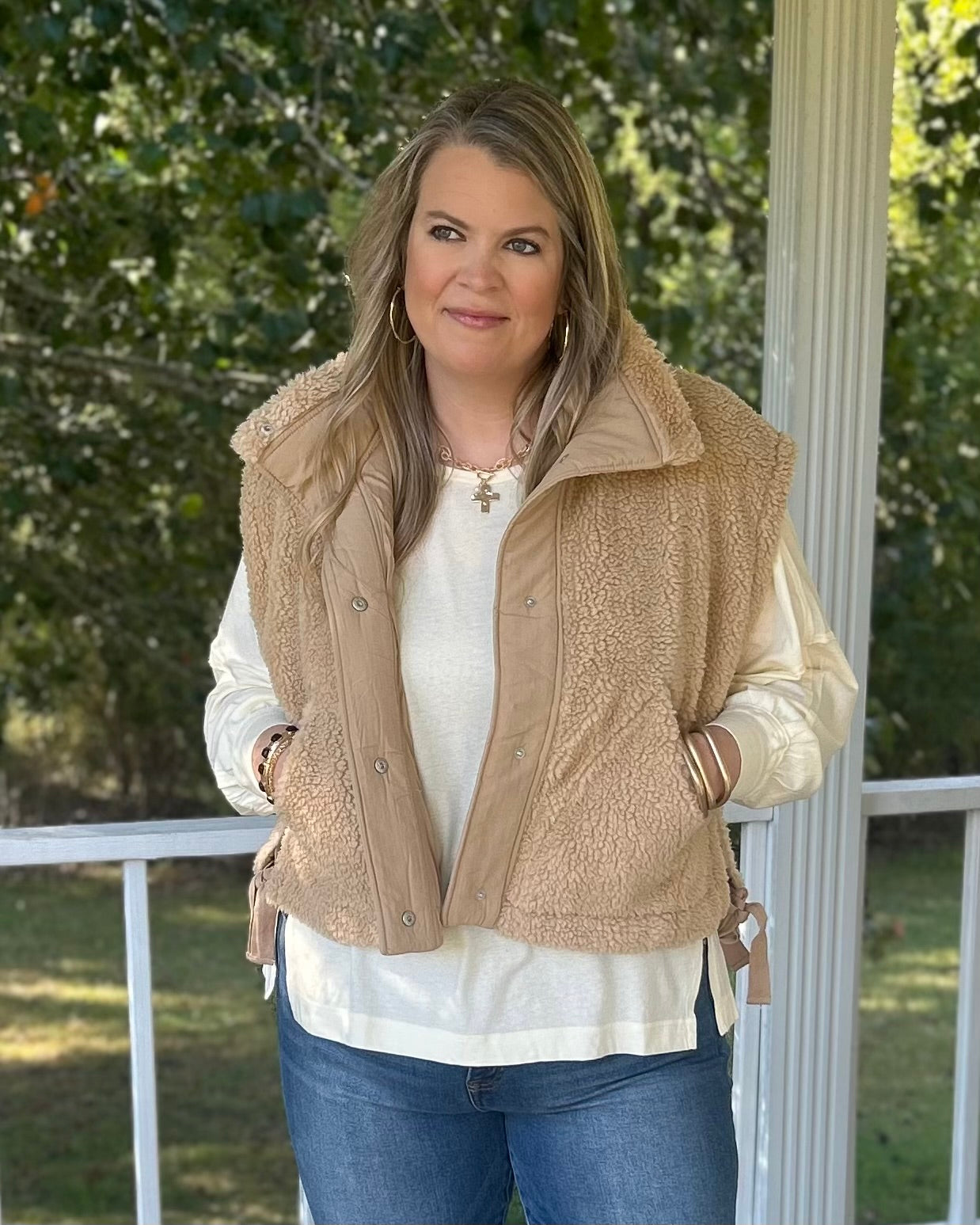 Cozy Mock Neck Sherpa Vest - Beige