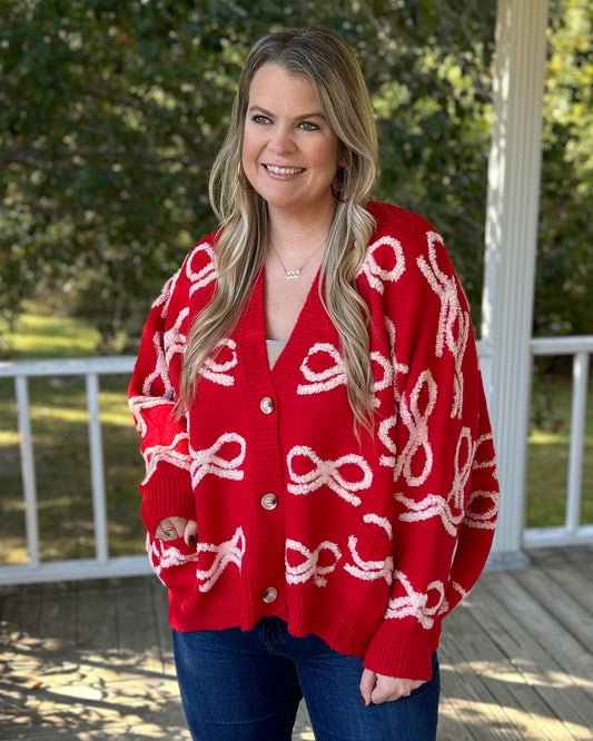 Oversized Ribbon Sweater Cardigan - Red