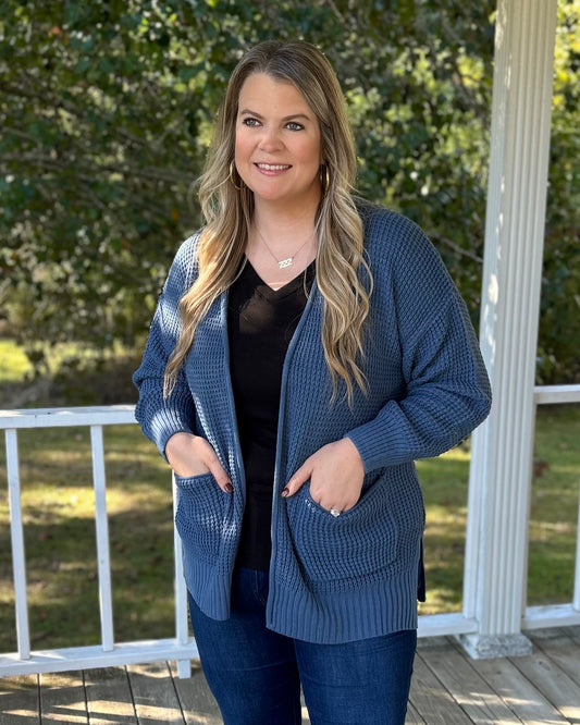 Waffle Knit Cardigan - Dusty Blue