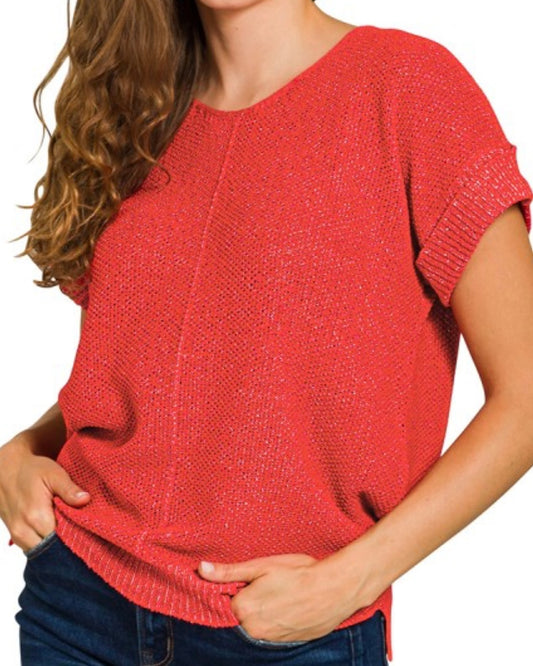 Center Seam Short Sleeve Sweater - Ruby