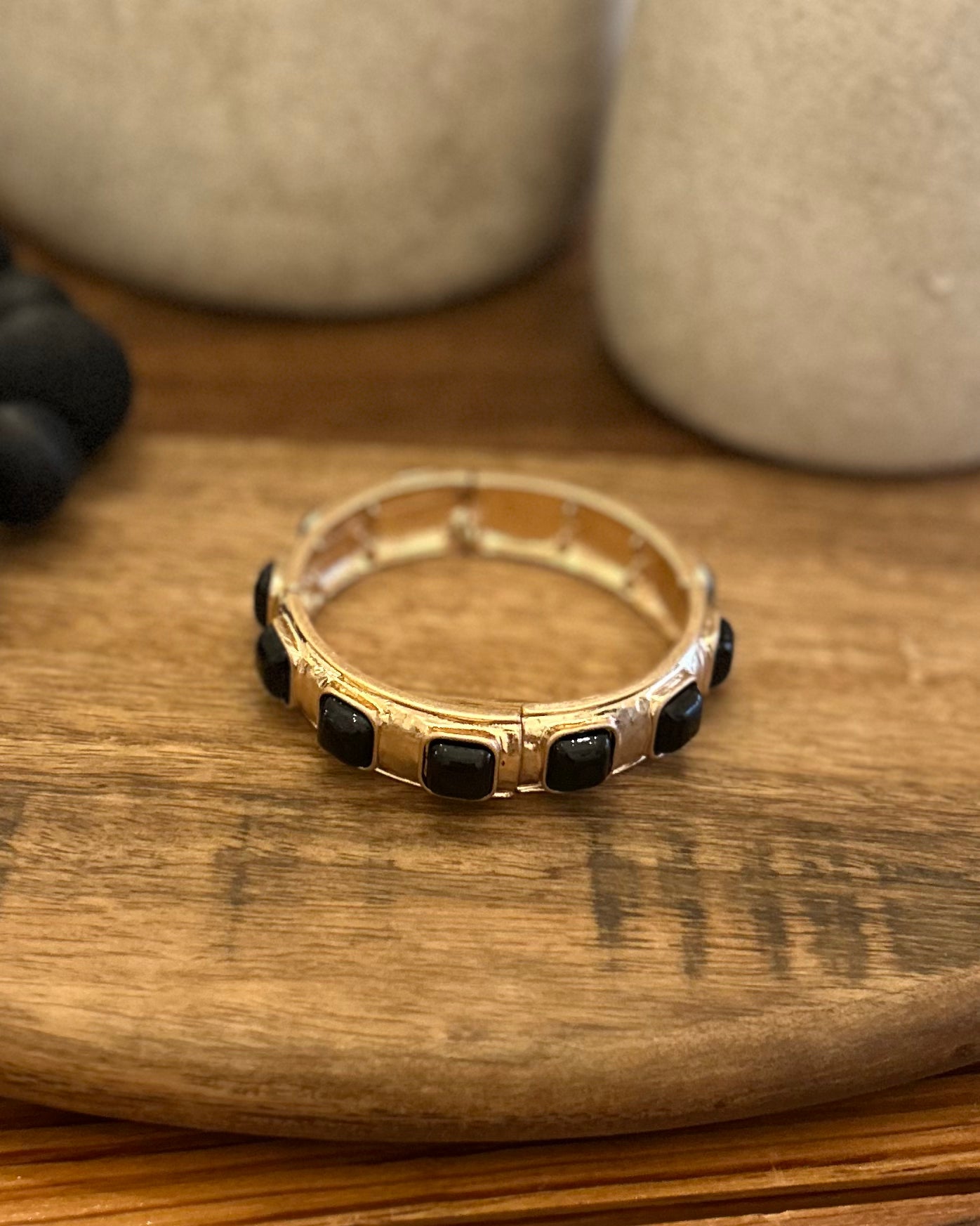 Hammered Gold Stretch Bracelet with Black Pearl Squares