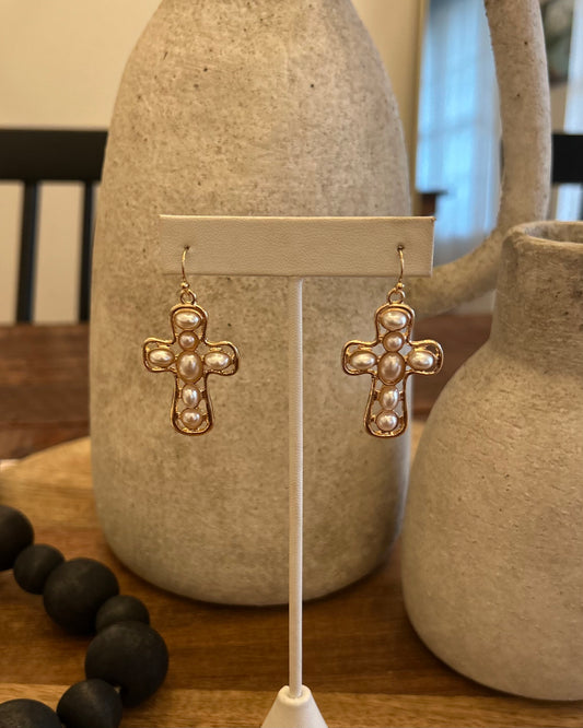 Gold Cross Pearl Studded Earrings