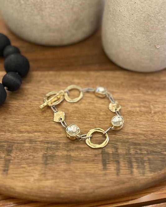 Gold and Silver Textured Open Circles with Clear Stone Bracelet