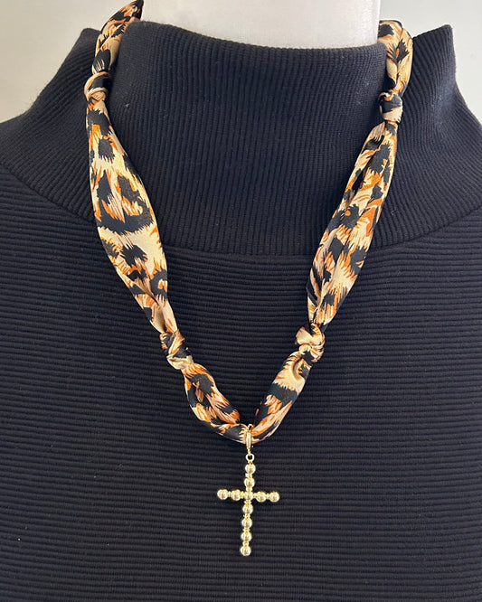 Cheetah Print Knotted Scarf Necklace with Cross Charm