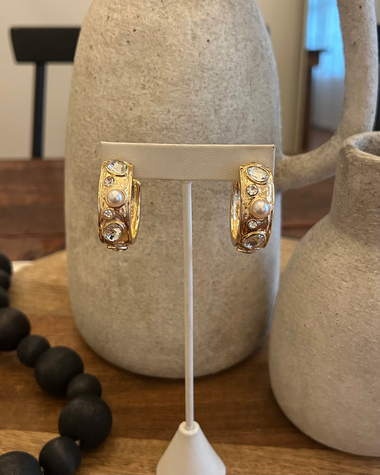 Gold Hammered Hoop with Clear Crystal and Pearl Earrings