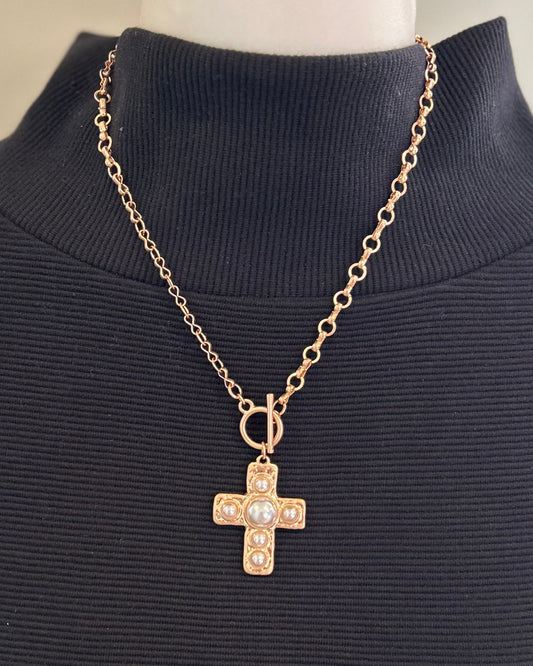 Gold Open Chain with Pearl Studded Cross Necklace