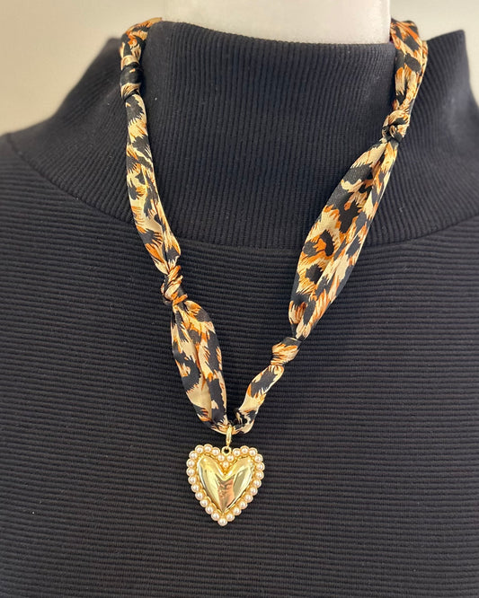 Cheetah Print Knotted Scarf Necklace with Pearl and Gold Heart Charm
