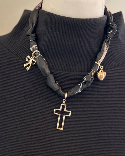 Black Knotted Scarf Necklace with Heart, Cross, and Pearl Charm