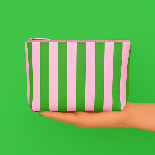 Cute pouch + cosmetic bag | leather pink & green stripe