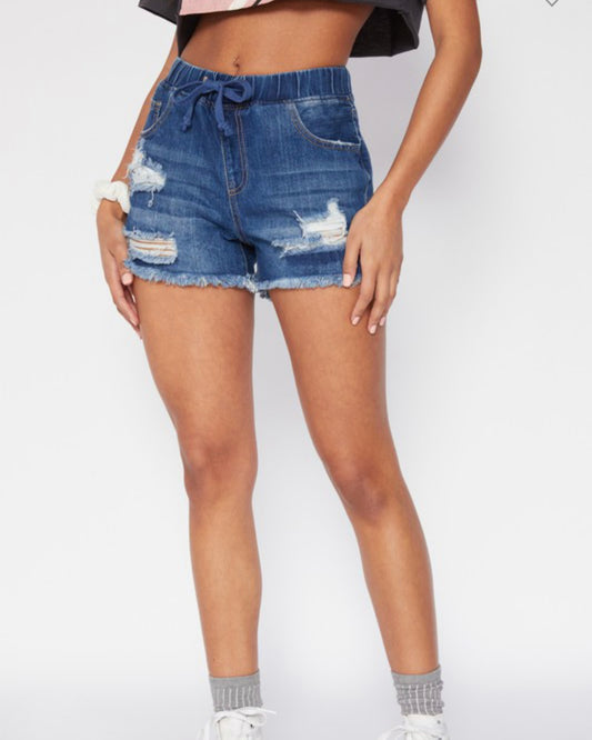 Distressed Denim Shorts - Dark Wash